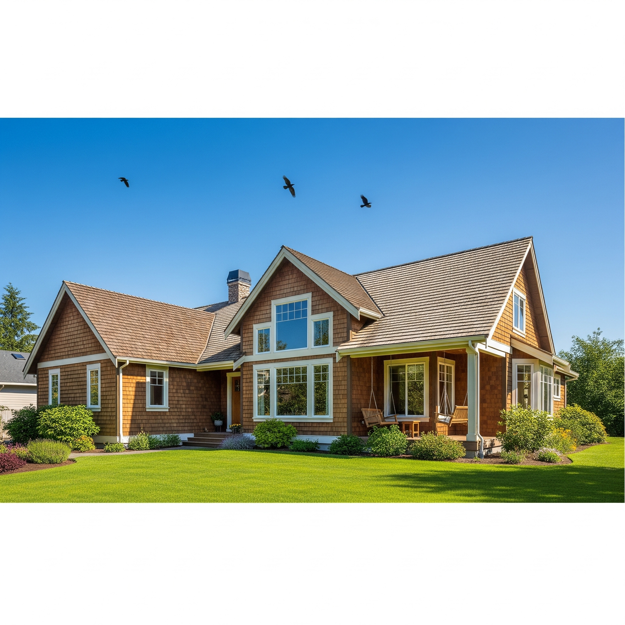 Beautiful house in the Pacific Northwest on a sunny day, vibrant green grass, three subtle crows flying overhead. Represents quality residential remodeling by Three Crows LLC.
